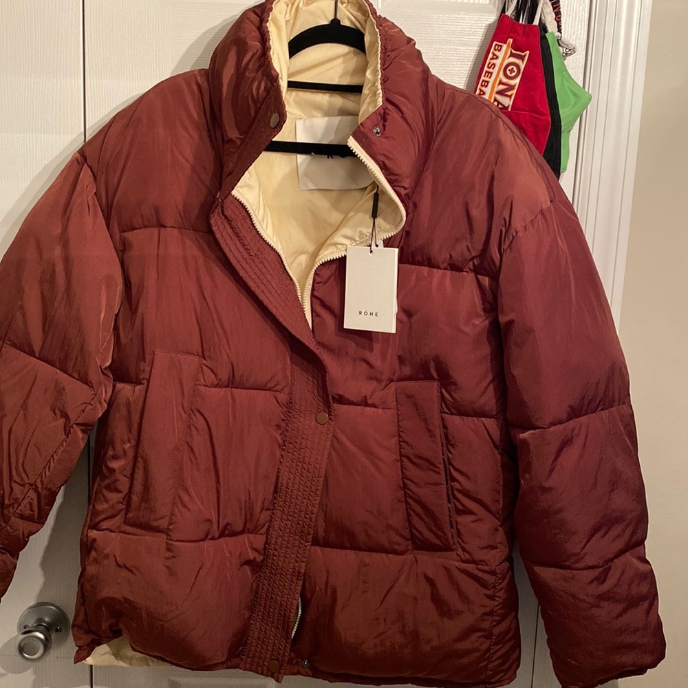 Ladies winter coat new tags reversible ROHE rust/beige sz38 xl  stadium /jacket